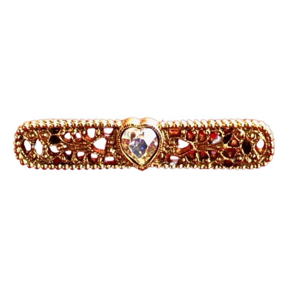 Vintage Pin Brooch 5‎ /16" x 1 5/8" Gold Tone Lace Heart Gem Rhinestone